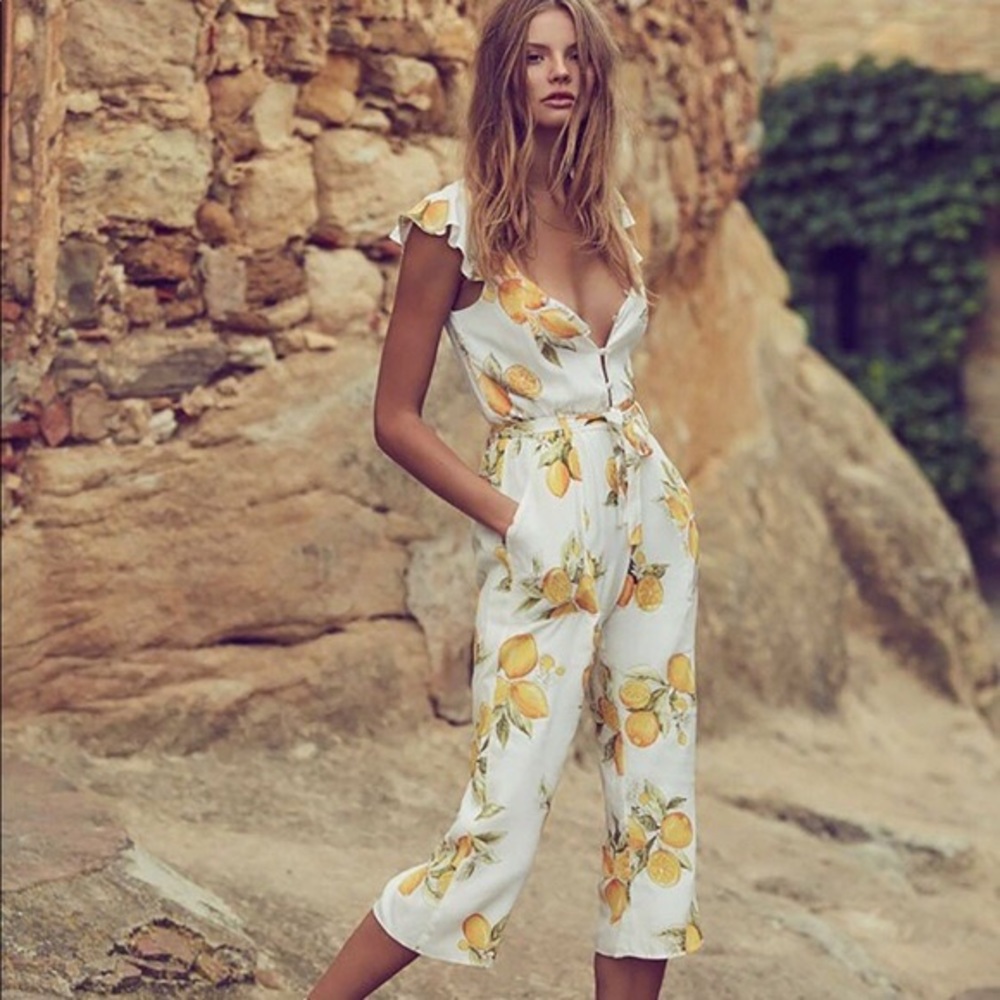 For Love And Lemons White and Yellow Lemon Print Jumpsuit